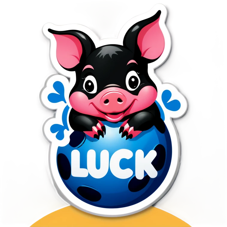 A black piglet lying on 4 balls with "luck”written on it emoji