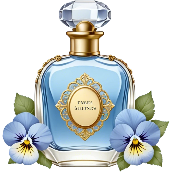 gainst a powdery blue silk backdrop, a vintage crystal perfume bottle with delicate gold filigree detailing catches the soft glow of the morning light. A silken ivory ribbon, loosely tied around its slender neck, cascades onto the fabric, creating soft folds. Scattered around the bottle, pale blue and creamy white pansies rest gently, their petals carrying hints of pearl-like shimmer. A few stray petals, kissed by the golden light, add a touch of delicate imperfection, evoking a sense of quiet romance. emoji