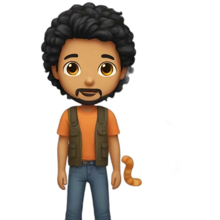 Boy with black hair and beard plaing with ginger cat emoji
