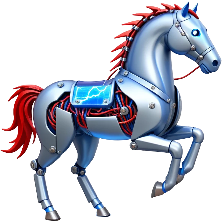 fast electric horse made of electricity, metal plates, bolts, visible blue and red wires, lightning surrounding it emoji