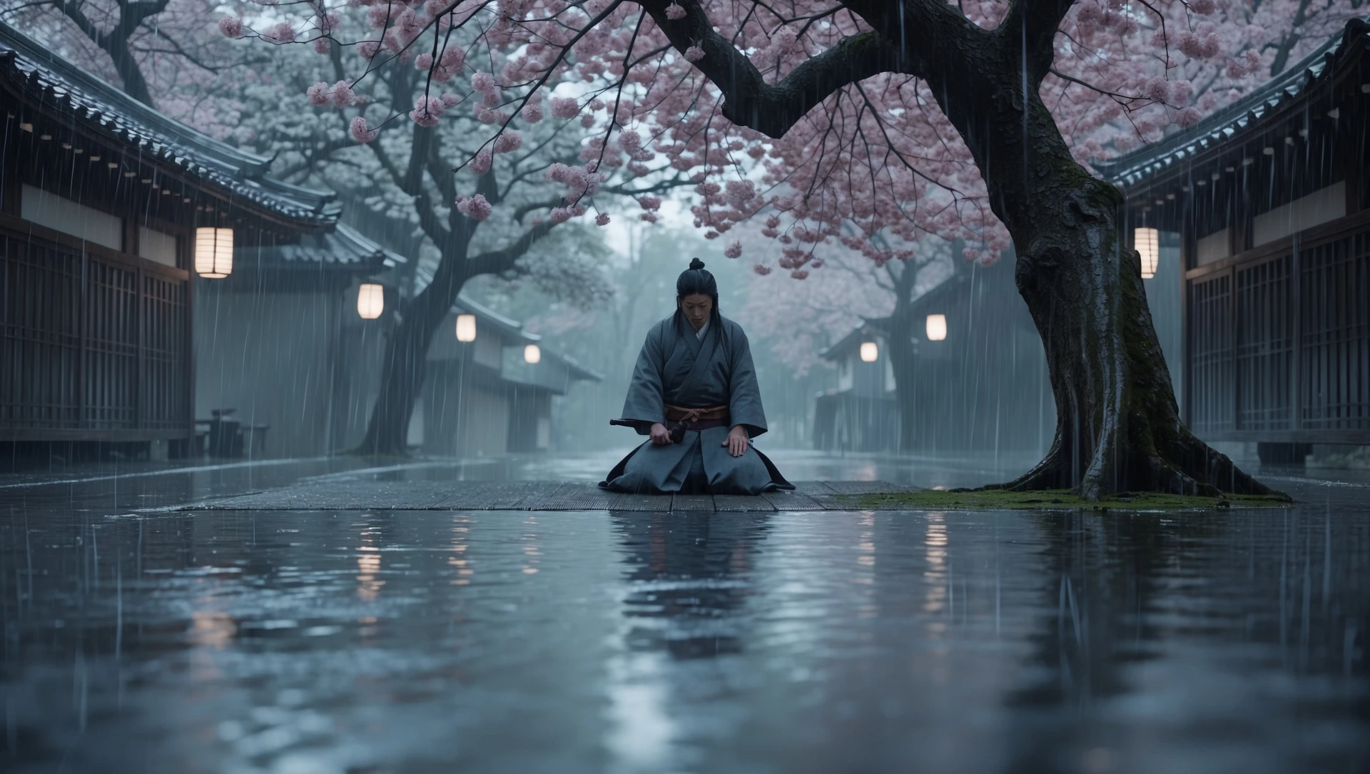 A cinematic scene from 1185, motion blur, wide shot of Kenji sharpening his blade under a cherry tree, rain falls, symmetrical, gray-blue palette, tense, Arri Alexa, Wes Anderson. emoji