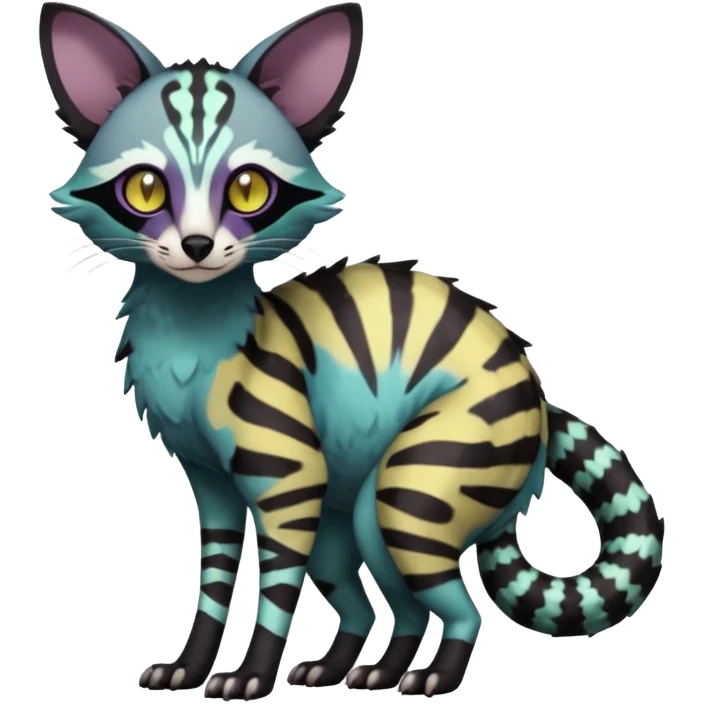 Rare warm-colored lush exotic edgy epic aesthetic gloomy spooky dark modern colorful cyber-Genet-Trico-species-Fakemon-hybrid-creature, with beautiful intricate markings, full body emoji