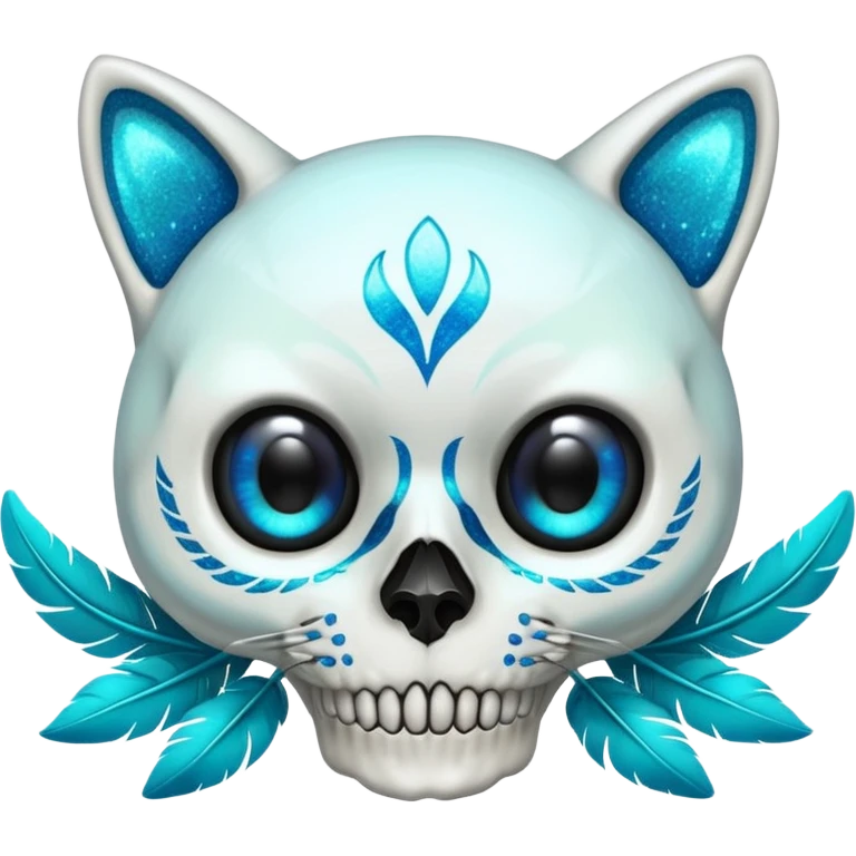 Glittery hollow-eyes cat-skull with cyan feathers emoji