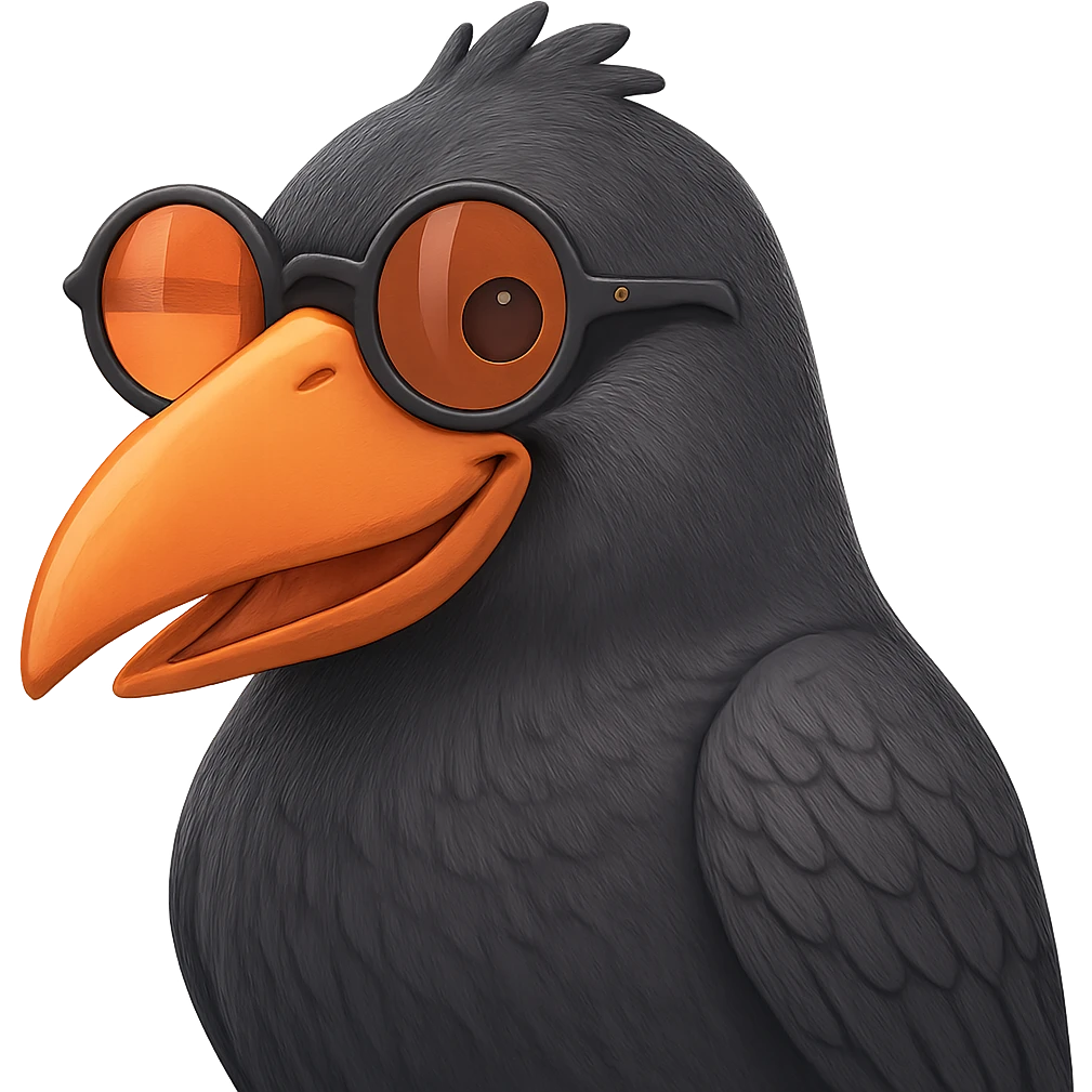 Make the bird slightly more realistic than the original, but still cartoonish. Keep the same pose, orange beak, and round sunglasses. Add subtle feather texture and gentle shading, but not hyper-realistic. Bird with a playful expression. No background. The style should maintain the cartoonish look of the original bird. emoji
