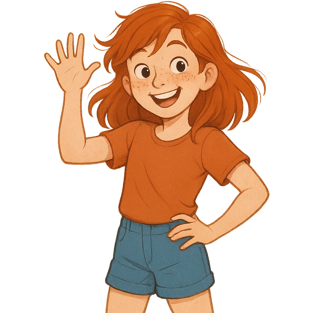 red-haired girl in a playful pose, smiling and waving emoji