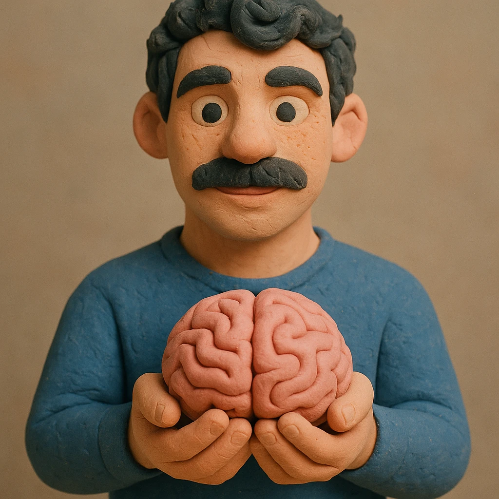 Adjust the claymation man holding a brain to have an age and facial structure between the previous two versions, with a softer expression, dark curly hair, thick mustache, light skin, claymation style with visible fingerprints and pastel colors. emoji