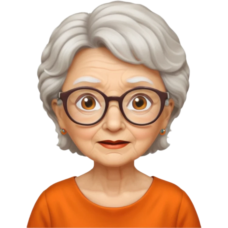 OLD LADY IN KITCHEN OUTFIT ORANGE DRESS, GLASSES. WHITE HAIR , AOROM BUSHY HAIR emoji