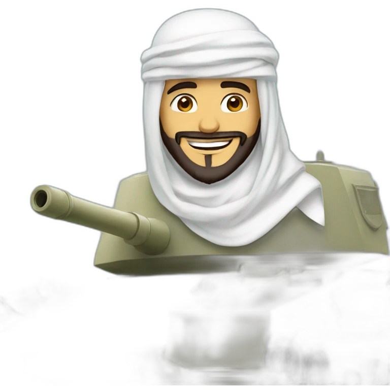 prince from Saudi Arabia with a beard in a white  shemagh national headdress riding  on a tank, smiling emoji
