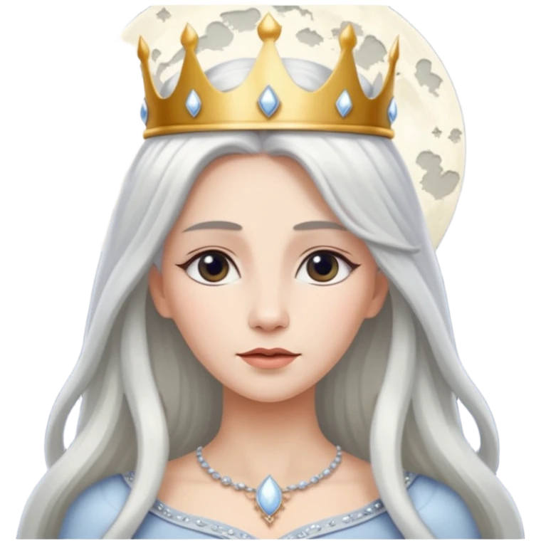 White silver Long Haired Women, Queen with crown — soft expression, moonlight tone emoji