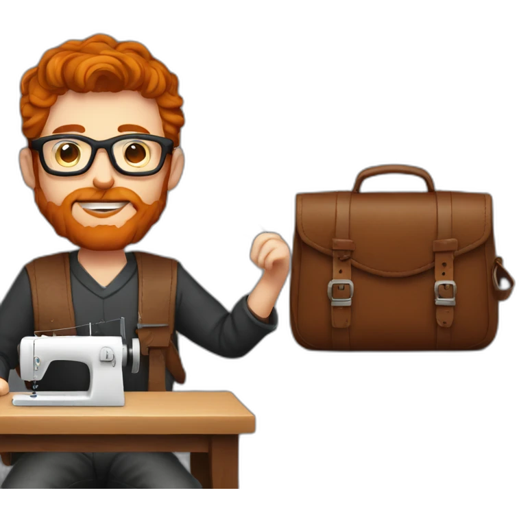 Red smooth haired man with beard and glasses sewing a leather bag by hand emoji