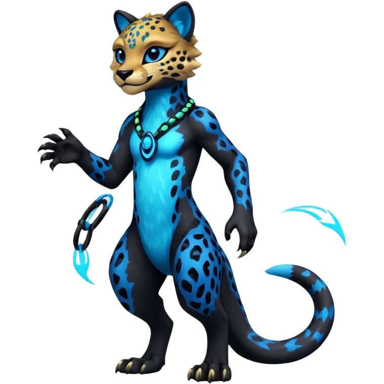 Realistic Obsidian-pitch-black fur body with neon-glowing-blue ring-markings Grem2-Gremz-Cheetah-Sergal-fusion, full body  emoji