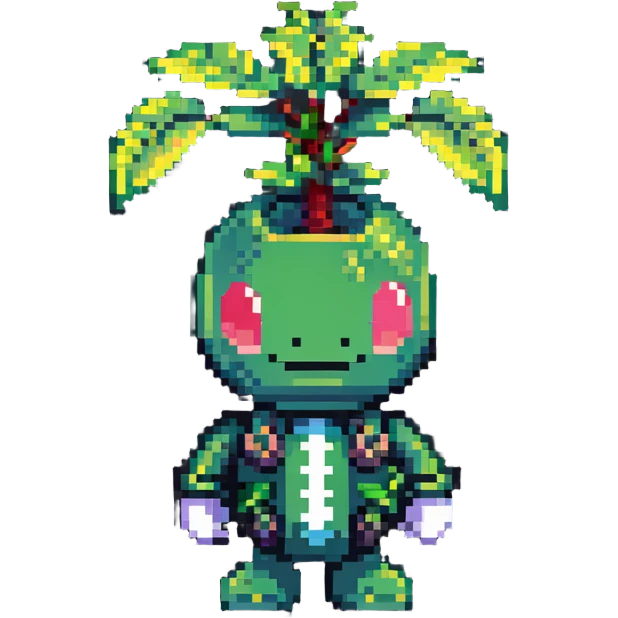 Green bomberman character, nature themed design, plant-like antenna, friendly expression, cute pixel art style emoji