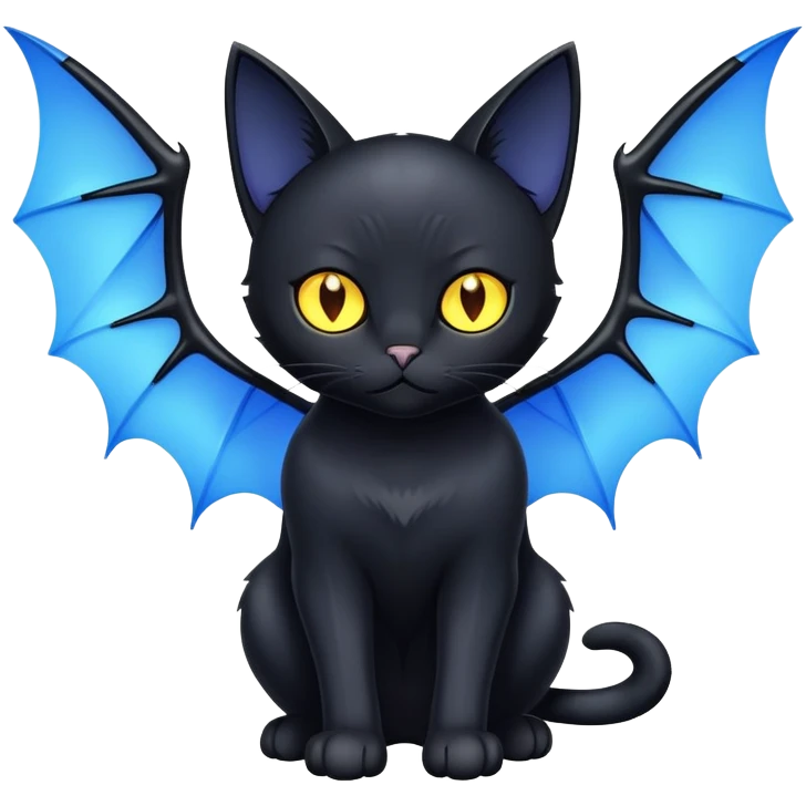 black cat with blue bat wings and glowing yellow eyes emoji