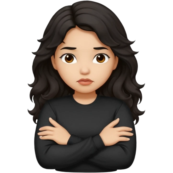 Hispanic girl with dark long wavy hair crossing her arms while pouting and wearing a black long sleeve shirt emoji