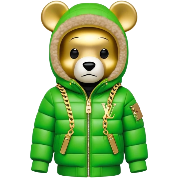 traditional cube-shaped bearbrick toy with squared head, lime balaclava with graffiti logos and integrated dark visor shield, Louis Vuitton monogram puffer jacket with plush fur hood trim, gold chains emoji