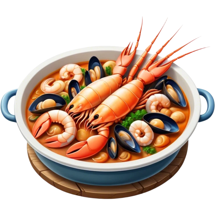 Cinematic Realistic Buzara Seafood Dish Emoji, depicted as a rustic, flavorful seafood stew with shellfish rendered with rich textures and dynamic, maritime lighting. emoji