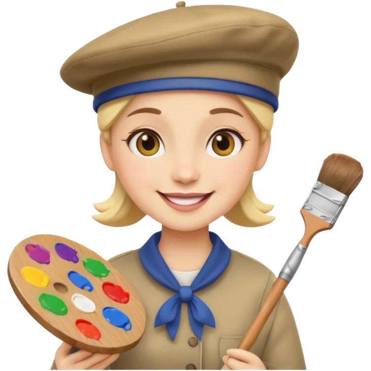 professional painter emoji, holding a paintbrush and palette, wearing a beret, cheerful expression emoji