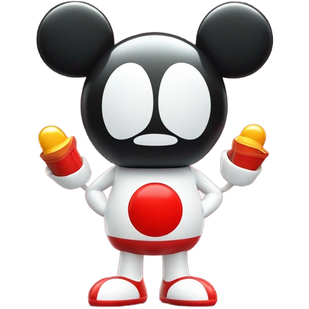 Very shiny full body character with pill capsule head with retro antennae and jetsons aesthetic  puffy body and welcoming waving Mickey Mouse arms braun Japanese inspired Anpanman with big boots and antennae red and white colors only emoji