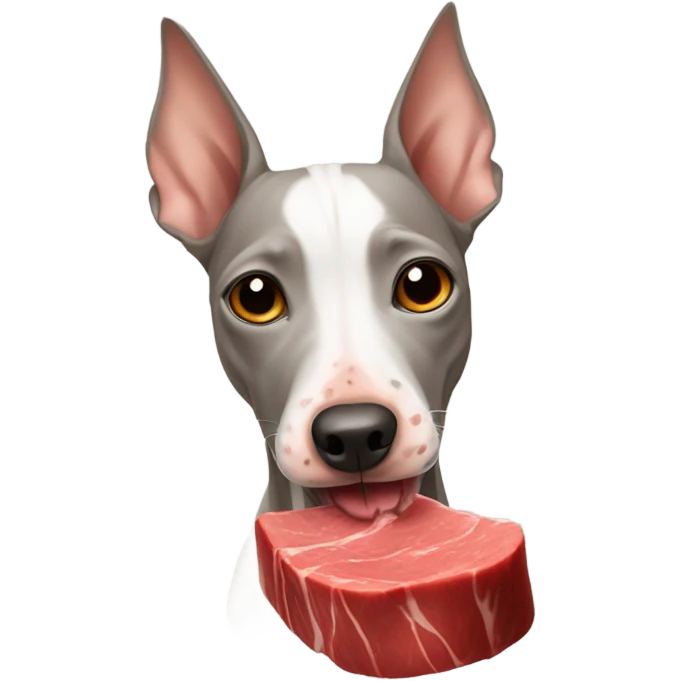 American Hairless Terrier eating red beef emoji