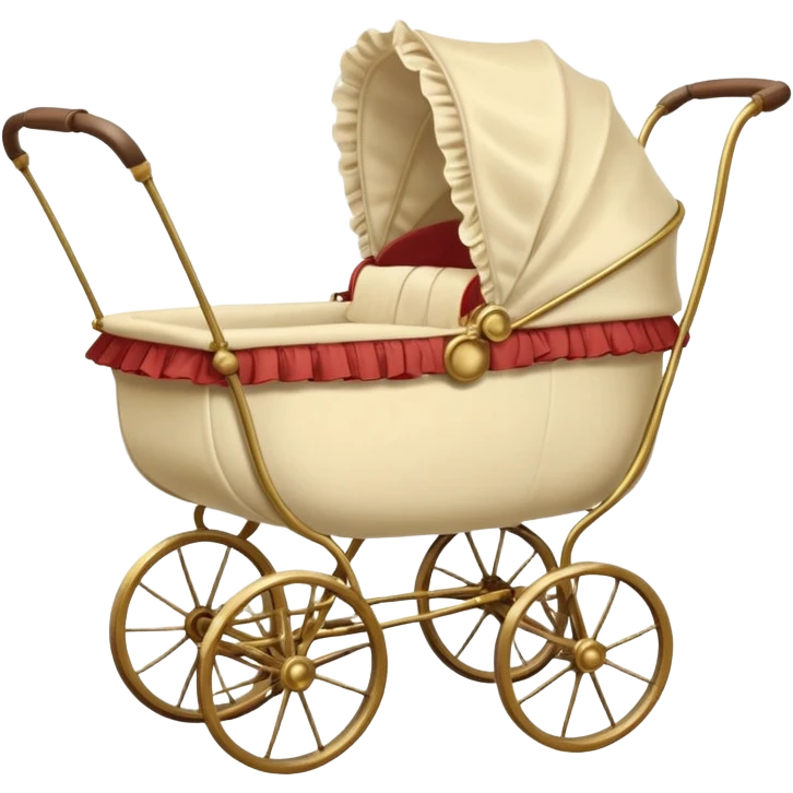 An antique baby stoller with bis wire wheels and a ruffeled bonnet emoji
