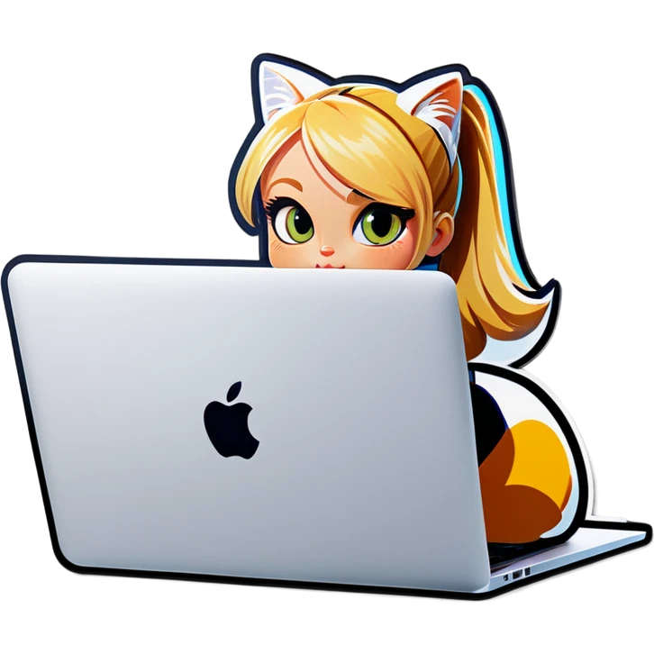 Blonde girl ponytail macBook and a cat emoji