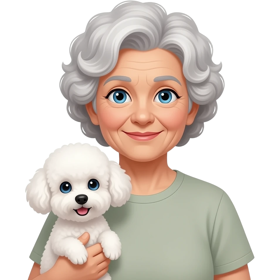 Elder woman curly hair blue eyes having a  white Maltipoo emoji
