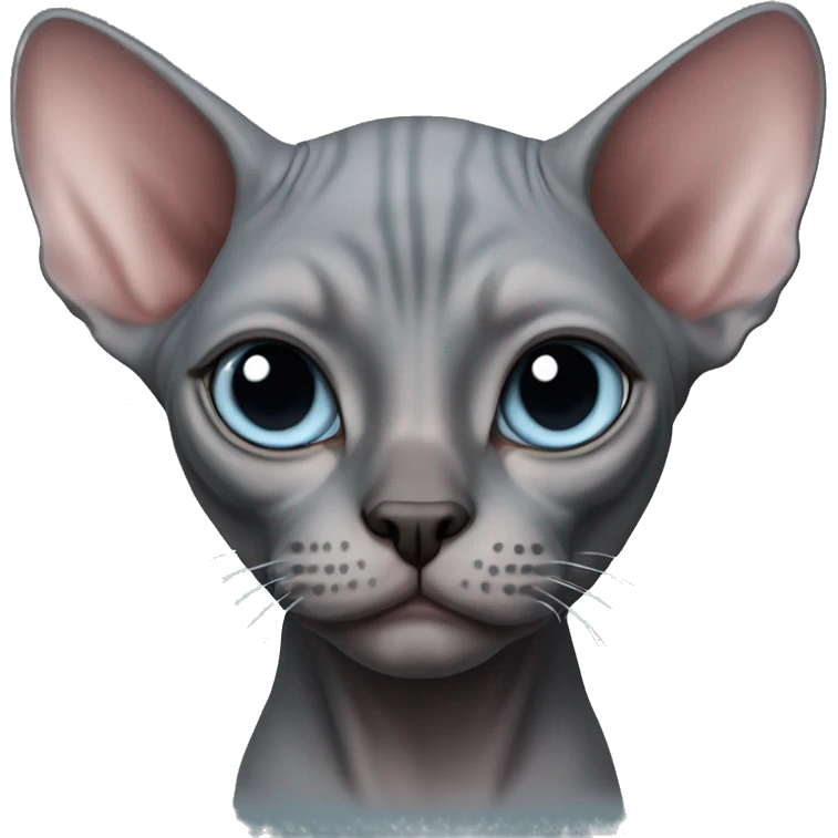 Dark grey pinkish sphynx cat with black face and light blue eyes emoji