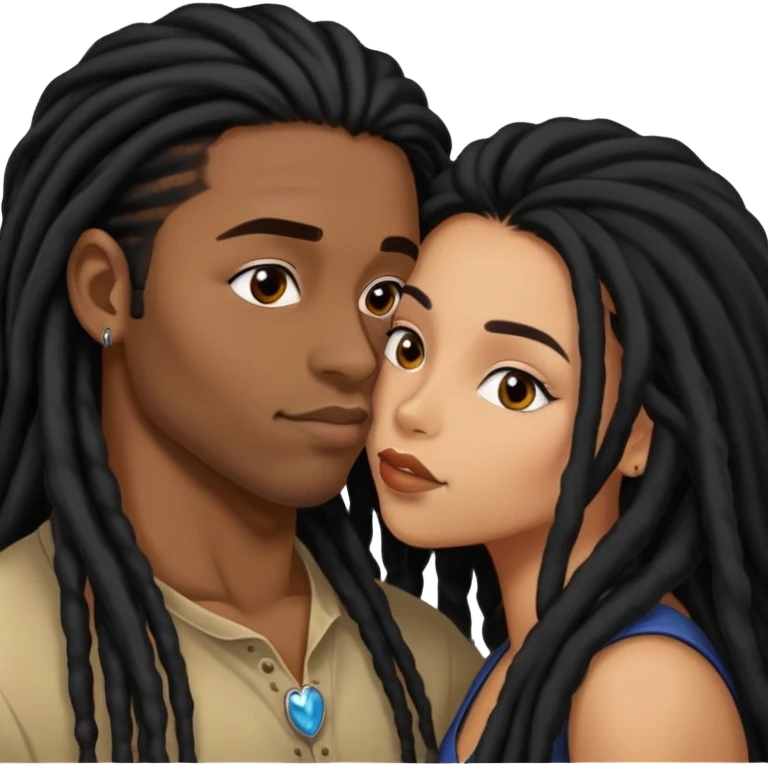 Latina Woman with long hair kissing a young black guy with dreads no beard emoji