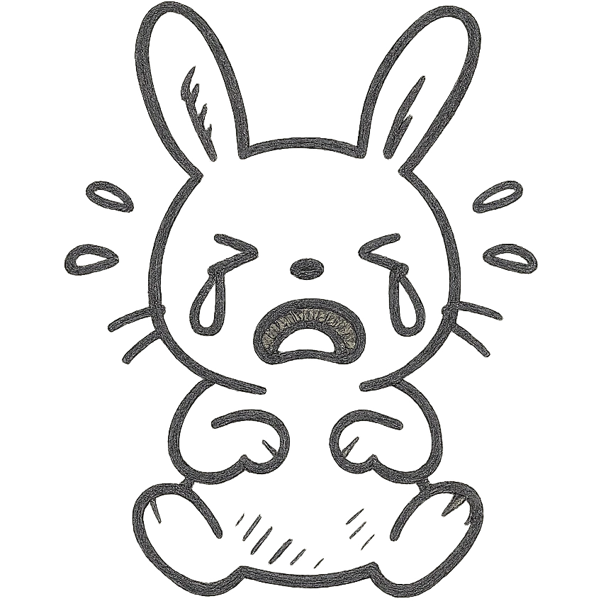 crying baby rabbit, hand-drawn black outline style emoji