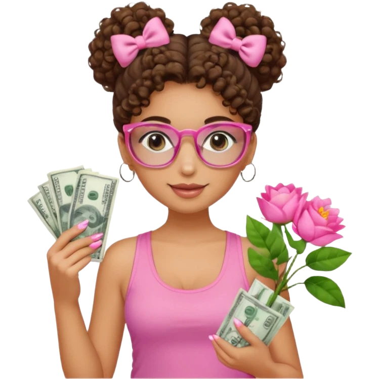 Uma menina com o cabelo cacheado com um Coque com baby hair, morena, e com uma regata rosa com um gloss na frente da regata ,com unha em gel,e com dinheiro na mão ,e com flores na outra mão,  com óculos  emoji