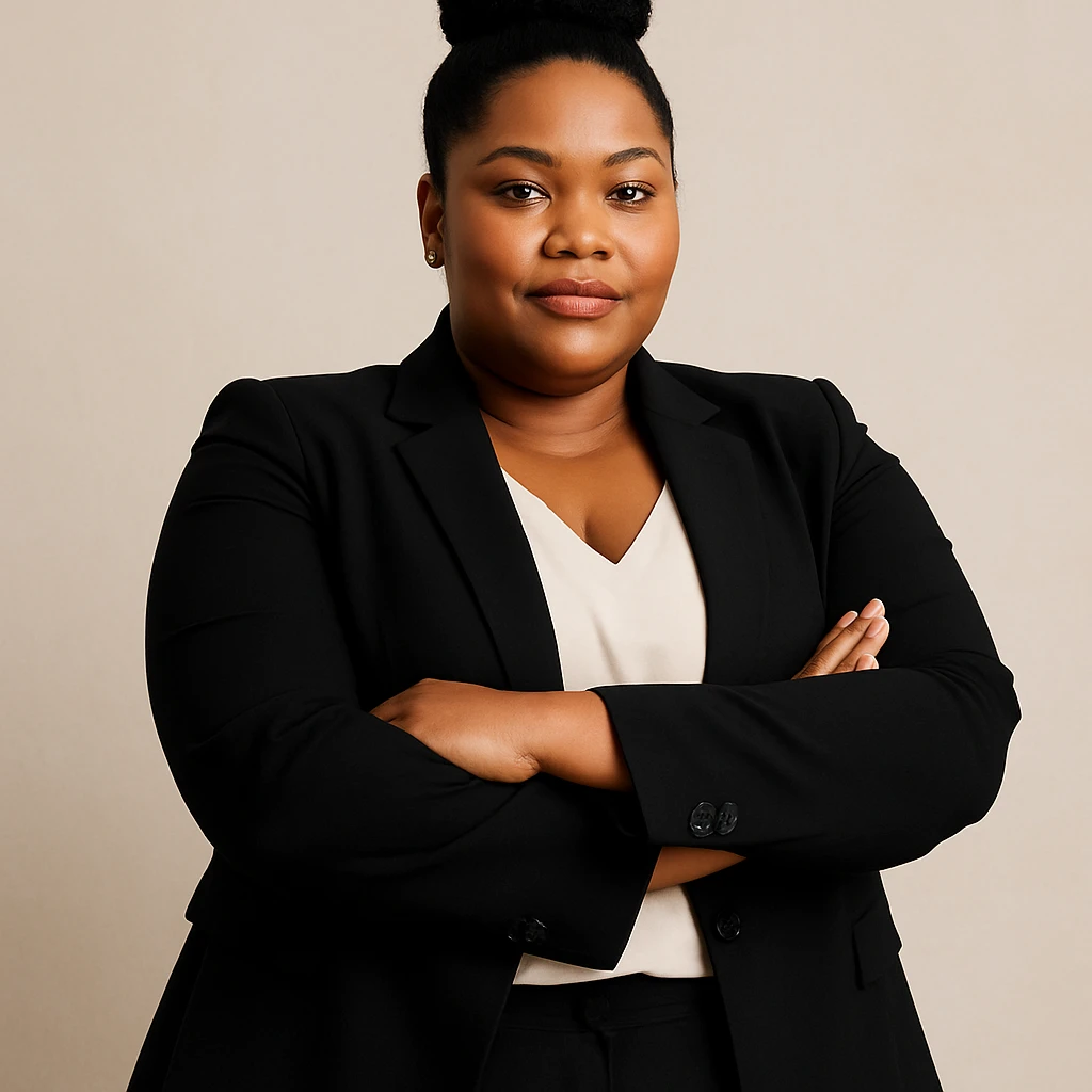 confident plus size Black woman with a high bun, arms crossed, professional look, simple background emoji