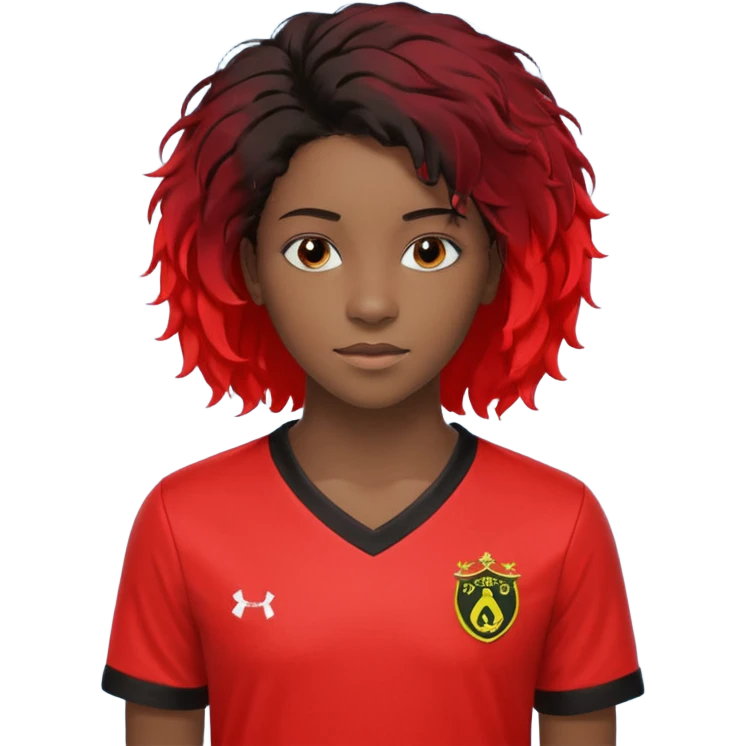 A imagem retrata um jovem de cabelo vermelho-neon e corte moderno, vestido com uma camisa de futebol preta e vermelha e uma corrente de ouro. Ele está em um ambiente interno, olhando para a câmera com uma expressão engajada e as mãos levantadas em um gesto de ênfase emoji