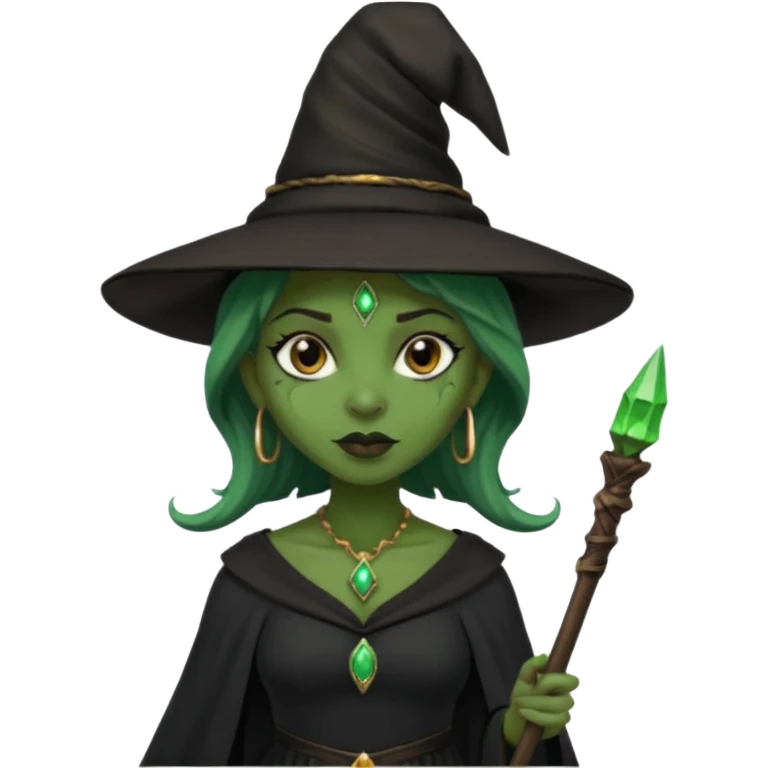 ведьма-африканка с зеленой кожей, без украшений в черном платье и черной ведьминской шляпе с посохом emoji
