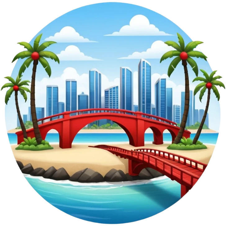 a circle island with modern buildings, a beach with palm trees in the front. also, a red bridge behind.  emoji