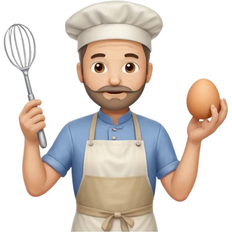 Middle aged male pastry chef - with a small beard, apron, white hat, holding an egg beater in his right hand, and his left hand naturally hanging down to his side emoji