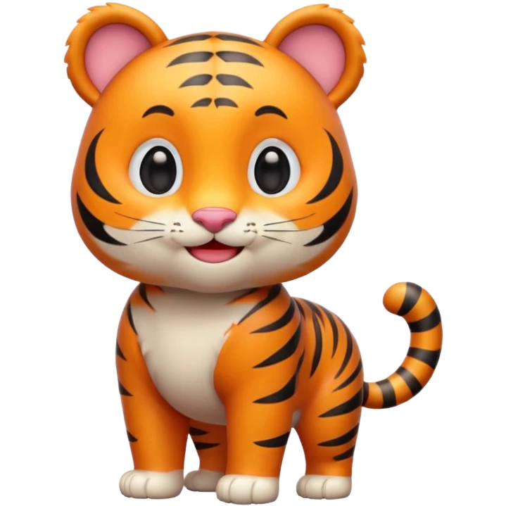 Cute tiger emoji, full body, standing pose, smiling face, big round eyes, orange fur with black stripes, chubby and adorable, short legs, small ears, 3D emoji style, smooth shading, bright colors, simple clean design, transparent background emoji