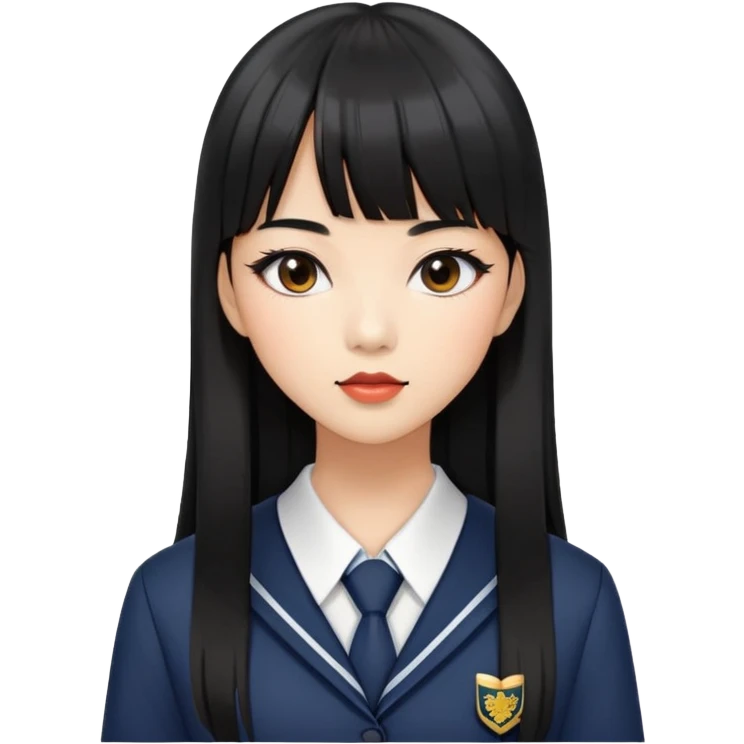 fashionable woman with Asian skin tone, long straight black hair with straight bangs, school uniform, and stylish makeup emoji