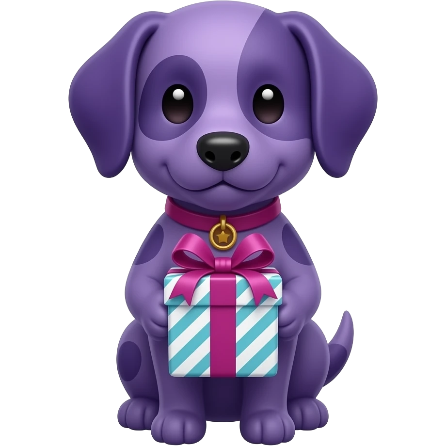 Perro morado dando un regalo estilo de frente emoji