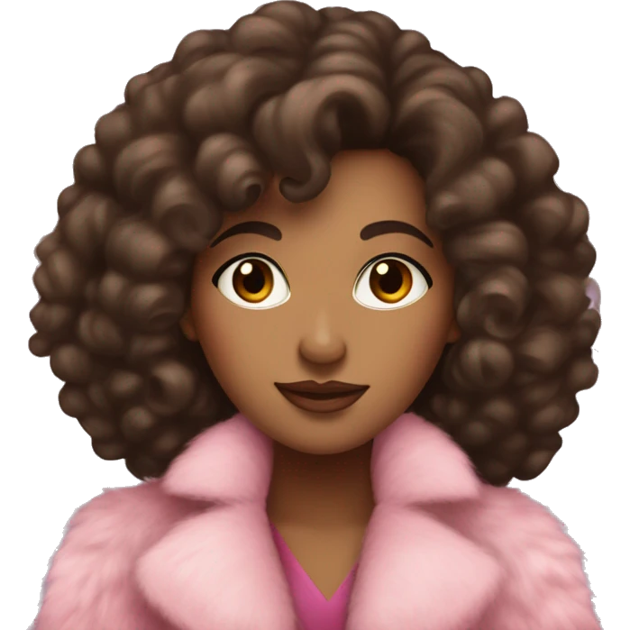 pretty brown woman with long dark curly hair and pink fur coat on and pink bow emoji
