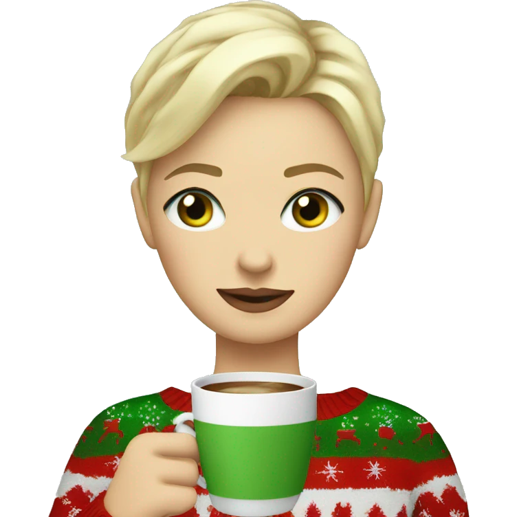 Short haired blonde girl with green eyes drinking coffee wearing Christmas sweater emoji