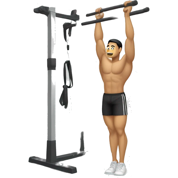 buff gym asian man full body including legs hanging from one hand from a pull up bar emoji