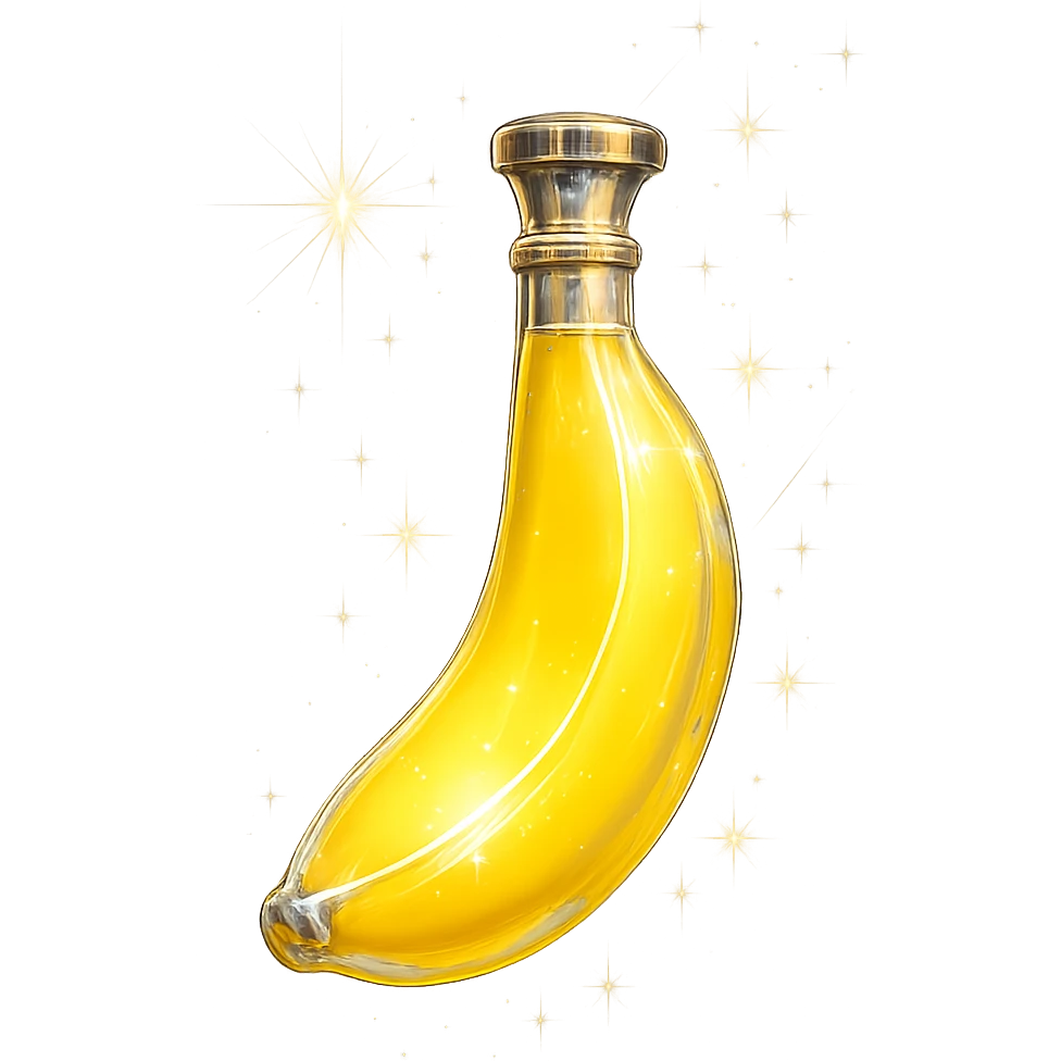 banana-shaped luxurious elixir bottle, banana yellow color, iridescent and silver details, very small neck, seamless bottom, transparent background, floating, no base or shadow, modern, matching a collection, extra intense magical glowing and sparkling effects emoji