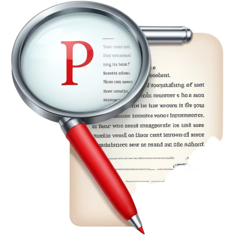Create an emoji representing editing and proofreading. The design should feature an open document or manuscript with visible text and proofreading marks (such as red underlines or corrections). A red pen or pencil should be placed near the document, symbolizing the act of making edits. Optionally, include a magnifying glass to represent careful review. Use neutral and professional colors like white, black, and red accents to highlight the editing process. Do not include any emojis or smiley faces. Make the background transparent. emoji