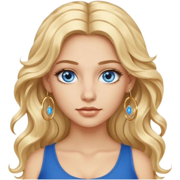 Attractive Greek woman with a wide face, baddie look, Long wavy blonde hair and gold hoop earrings and blue eyes emoji