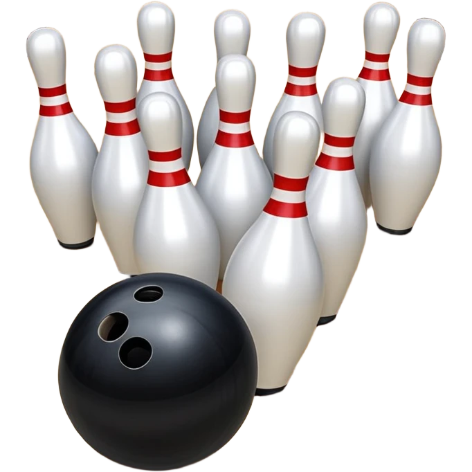 A bowling ball rolling down the lane towards a set of pins, with the pins poised to fall. The scene is set in a bowling alley with bright lights and a polished wooden floor, capturing the excitement and precision of the sport. emoji