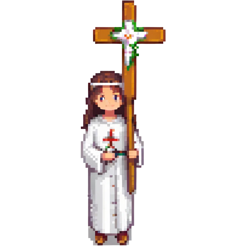 An altar server facing left, holding a cross emoji