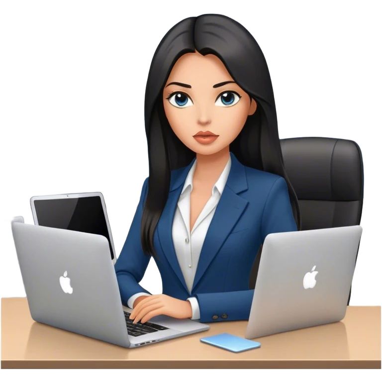 Glamours tanned very beautiful girl with pump peach lips and black straight smooth long hair, blue-grey eyes in blazer (only blazer) with MacBook in the office emoji