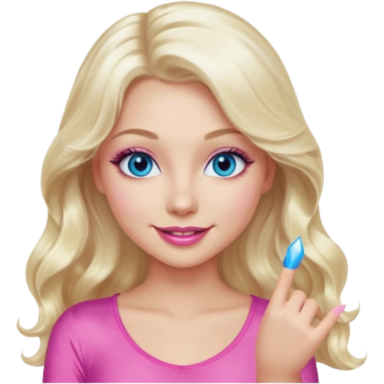 girl with long wavy platinum blonde hair,  blue eyes , long lashes, sexy pink lips, light to medium complexion, wearing a pink sexy top, smiling, finger tips touching emoji