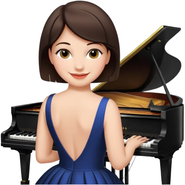 Pretty, sexy, slightly curvy white woman with short dark brown hair, wearing a backless dress at a piano recital  emoji