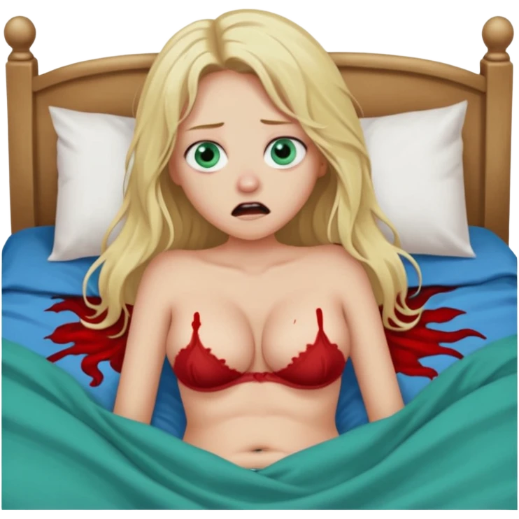 Blonde baddie with very longhair blue-green eyes  and lay in a big bed in underwear sie hat Todesangst und guckt schmerzhaft erschrocken Bauch aufgebläht und das Bettlacken ist blutig ihre Brüste unnatürlich riesengroß.ein großer Mann war das, der sie festhält  emoji